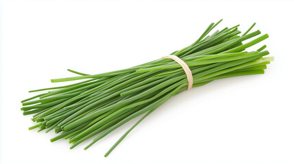 Fresh Chives Bundle:  A close-up of a vibrant bunch of fresh chives tied together with a rubber band, capturing the verdant green hue and delicate texture of this popular culinary herb. 
