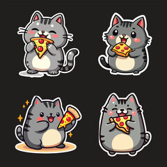 Four cartoon gray cats with striped patterns are depicted, each happily holding and eating a slice of pizza