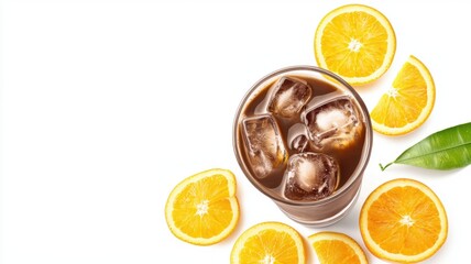 A refreshing iced beverage sits beside vibrant orange slices, evoking a summery vibe and perfect for cooling off.