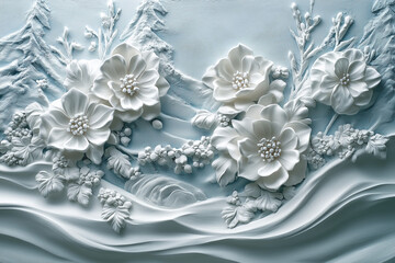 White floral ice sculpture with textured snow landscape.