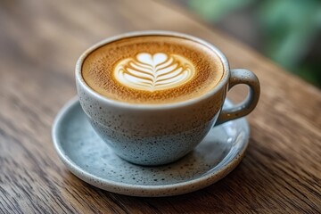 Fototapeta premium Cappuccino with Latte Art on Rustic Table in Cozy Café Setting