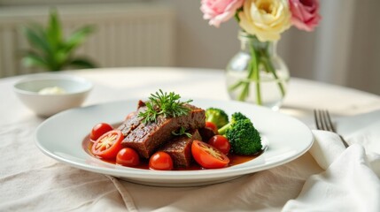 Savory Plant-Based Steak with Roasted Cherry Tomatoes and Steamed Broccoli on a White Plate