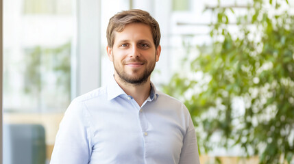 Fototapeta premium Confident Professional Portrait: A friendly, approachable man with short brown hair and a light beard smiles warmly in a professional headshot. He's dressed in a light blue shirt.