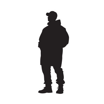 Silhouette of a Man Wearing a Cap and Winter Jacket Side View - Vector Illustration