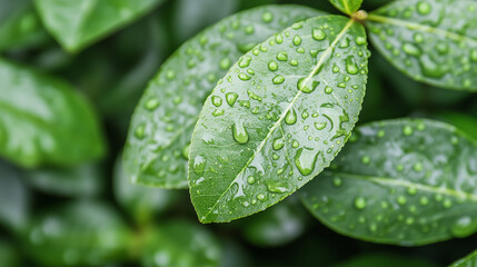 Dew-Kissed Leaves: Close-up of vibrant green leaves glistening with morning dew, showcasing the intricate details and textures of nature's artistry.  