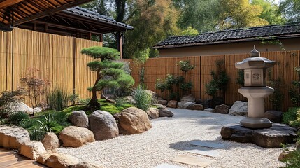 Naklejka premium Serene Japanese Garden with Stone Lantern and Bonsai Tree