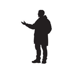 Side View Silhouette of a Man in a Thick Winter Jacket with Hand Gesture - Vector Illustration