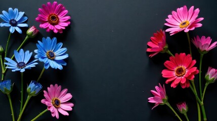 Obraz premium Vibrant Floral Arrangement A Stunning Display of Pink, Blue, and Red Flowers on a Dark Background