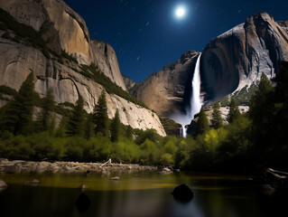 Yosemite Falls with Moonbow and Starry Night Landscape
