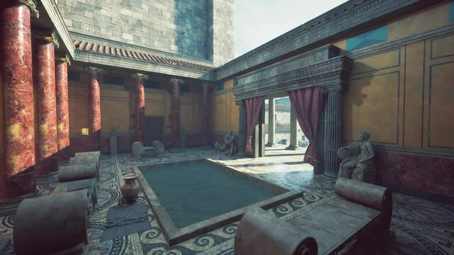 Inside a well preserved Roman bath, ornate columns and colorful walls enhance the serene atmosphere. Statues and a tranquil pool invite relaxation in this ancient setting.