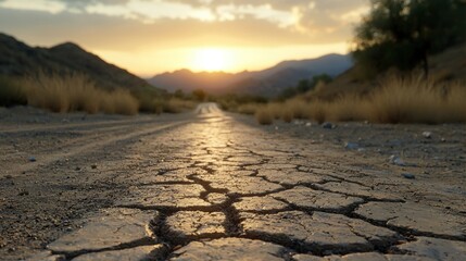 Fototapeta premium A cracked road in a desert landscape at sunset.