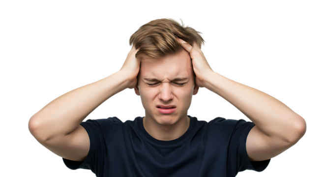 person with headache on transparent white background, clipping path