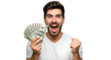 man with money on transparent white background, clipping path