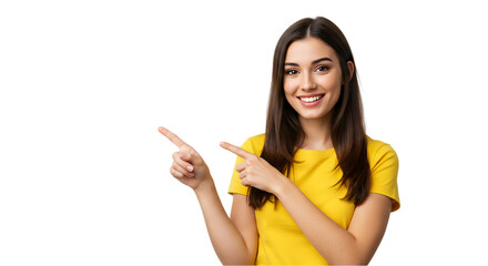 woman pointing at something on transparent white background, clipping path