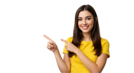 woman pointing at something on transparent white background, clipping path