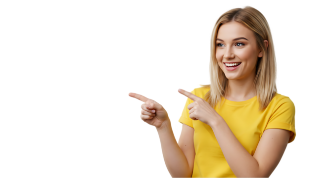 woman showing something on transparent white background, clipping path