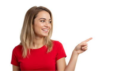 Casual Woman Gesturing to Empty Copy Space on transparent white background, clipping path