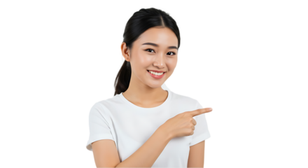 Young Woman Presenting and Showing Something on transparent white background, clipping path