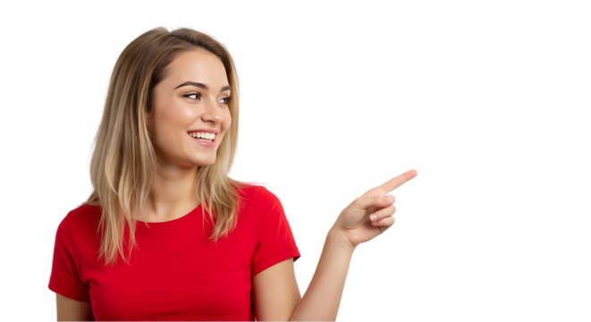 Casual Woman Gesturing to Empty Copy Space on transparent white background, clipping path