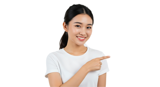 Young Woman Presenting and Showing Something on transparent white background, clipping path