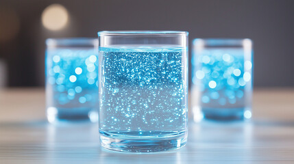 Sparkling Blue Drink: Three glasses filled with a vibrant blue beverage with tiny bubbles. The blurry lights create a shimmering effect.