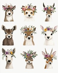 Obraz premium Various animals wearing flower crowns with straight faces
