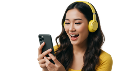 Smiling Woman Streaming Music on Her Phone on transparent white background, clipping path