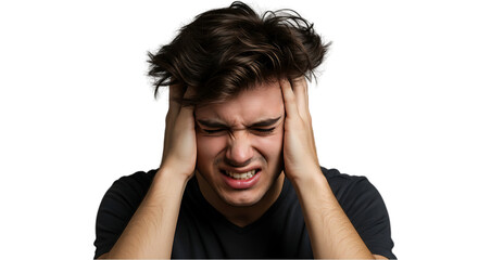 Headache and Stress Concept with Young Man on transparent white background, clipping path