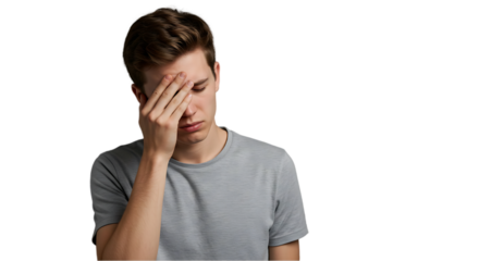 Headache and Stress Concept with Young Man on transparent white background, clipping path