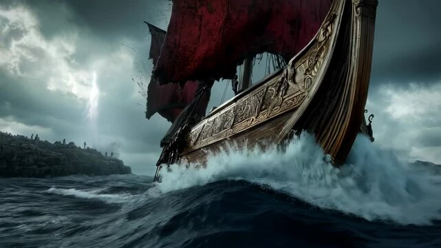 A viking longboat sailing on a stormy sea