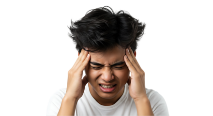 Stressed Young Man Holding Head in Pain on transparent white background, clipping path
