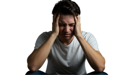 man with headache on transparent white background, clipping path