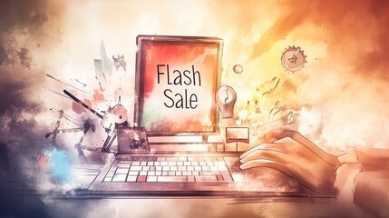 capture the excitement: dynamic close-up of fast-typing hands with 'flash sale' timer ideal for sporty interior posters and marketing visuals!