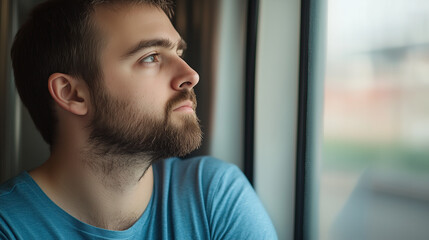 Obraz premium Man Gazing Out Window: A pensive young man with a beard gazes thoughtfully out a window, lost in contemplation. The soft light creates a mood of introspection and quiet reflection.