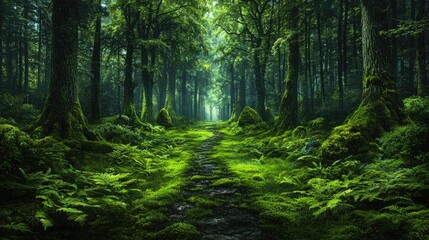 Obraz premium Mystical forest path, sunlight through trees, moss, ferns, nature wallpaper