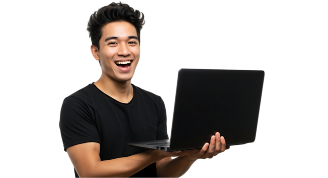 Young Adult Using Laptop for Work on transparent white background, clipping path