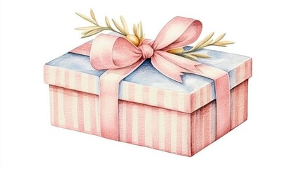 Fototapeta premium A beautifully wrapped gift box with a pink ribbon and decorative greenery, set against a plain background