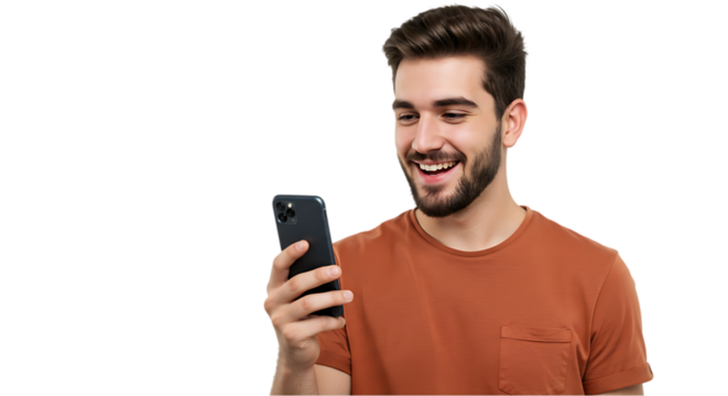 Portrait of a Smiling Man Using Mobile Technology on transparent white background, clipping path