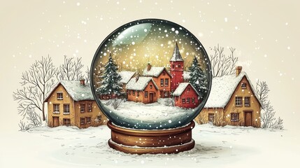 Winter wonderland snow globe scene cozy village illustration festive close-up seasonal charm