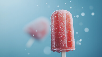 Frozen Delight: A close-up shot of a refreshing red popsicle, glistening with condensation and surrounded by playful water droplets, evokes the feeling of a cool summer day.