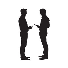 Silhouette of Two Men Standing and Having a Serious Conversation - Vector Illustration
