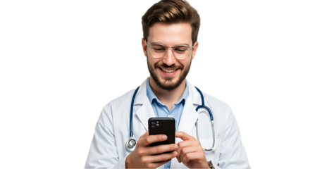 Doctor Using Smartphone for Medical Updates on transparent white background, clipping path