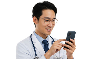 Doctor in White Coat Using Smartphone on transparent white background, clipping path