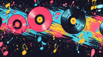 Vibrant Music Background with Colorful Vinyl Records and Notes