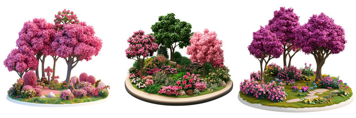 Naklejka premium Set of A highly detailed 3D cartoon-style icon of a vibrant bougainvillea plant with vivid pink and purple flowers, surrounded by lush green leaves on transparent png background