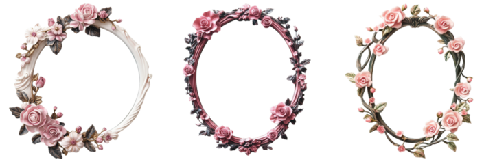 Set of A luxurious oval frame with intricate gold detailing, showcasing a cluster of delicate pink roses and green foliage arranged artistically on transparent png background