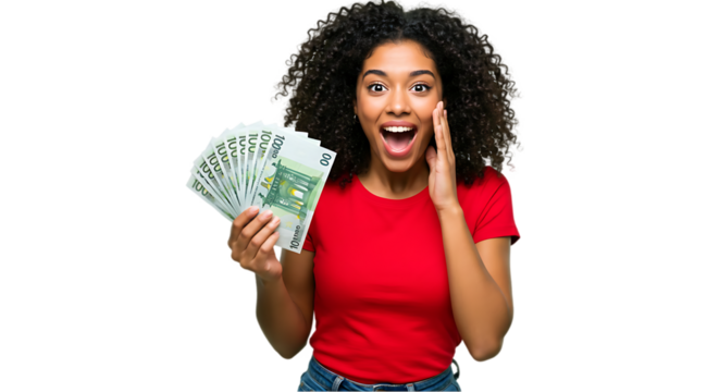 woman with Euro on transparent white background, clipping path - Powered by Adobe