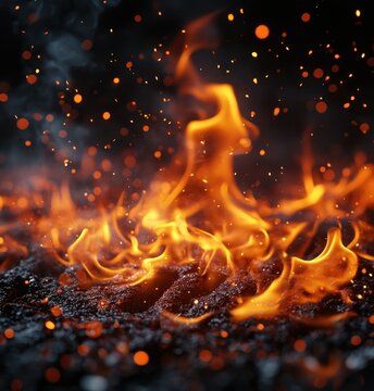Dramatic Fire Scene Roaring Flames Swirling Smoke Hyper-Realistic Close-Up Grill Background