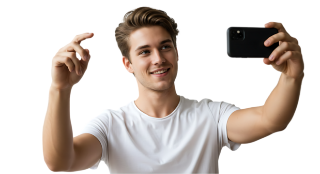 man with mobile phone on transparent white background, clipping path