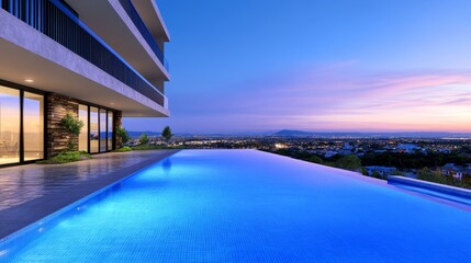 Fototapeta premium A luxurious infinity pool at sunset, overlooking a cityscape with distant mountains.